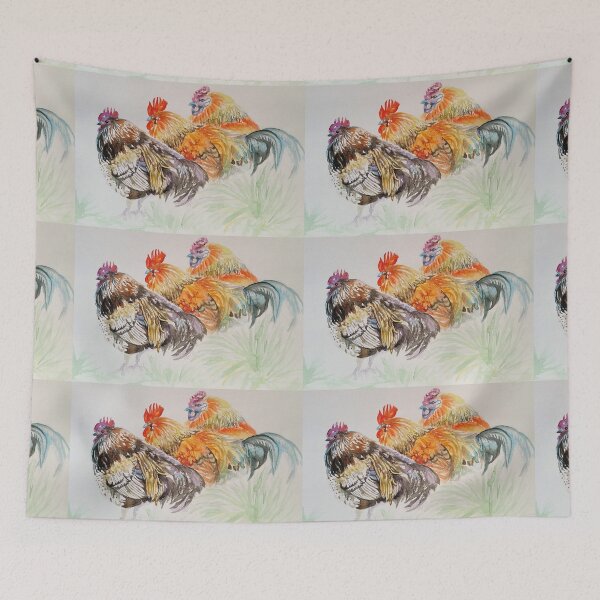 Item preview, Rooster Watercolor Painting - Colorful Chickens designed and sold by Sarah  Rajkotwala.