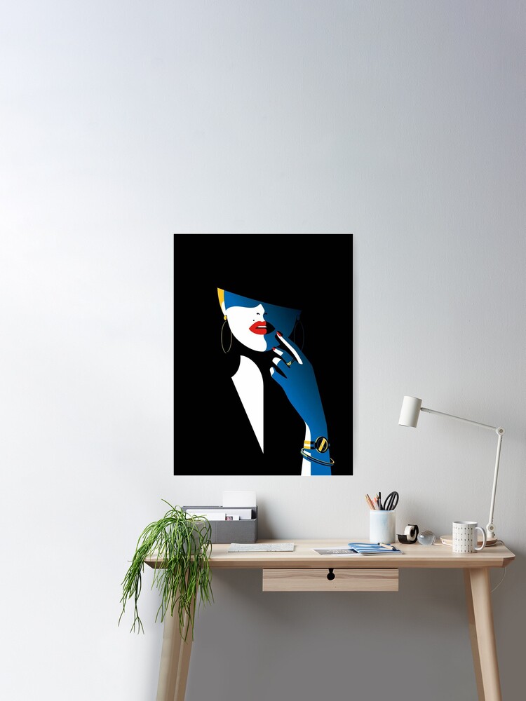 Simplistic minimalist painting of a stylish woman with beauty mark on black  background