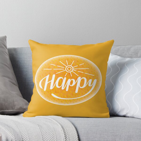 Item preview, Inspiring Happy lettering sign in oval shape with white calligraphy and stylized sun on the bright orange background showing positive mindset designed and sold by InnaEvans.