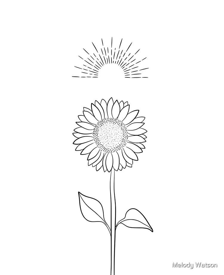 Sunflower and Sun Line Art Drawing in Black and White