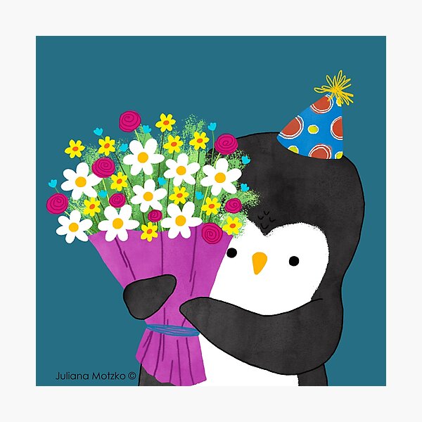 Birthday Penguin with Flowers Photographic Print