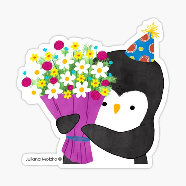 Birthday Penguin with Flowers Sticker