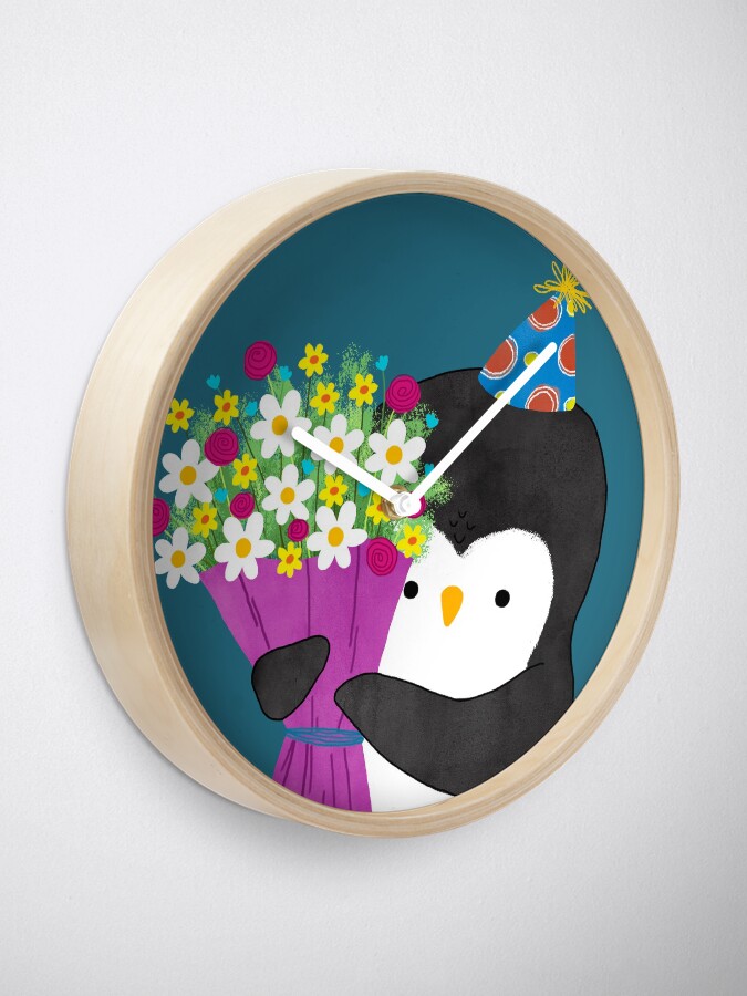 Alternate view of Birthday Penguin with Flowers Clock