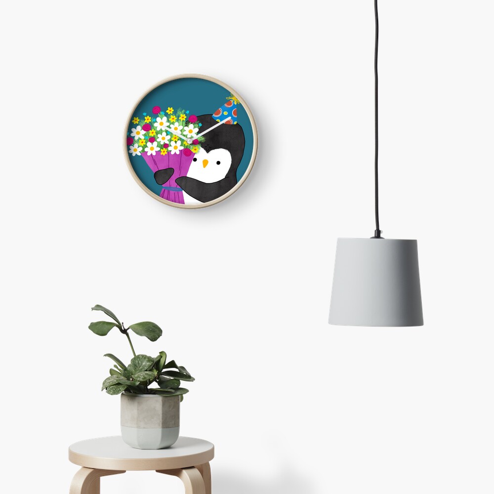 Birthday Penguin with Flowers Clock