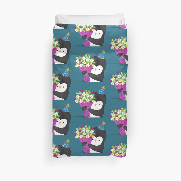 Birthday Penguin with Flowers Duvet Cover