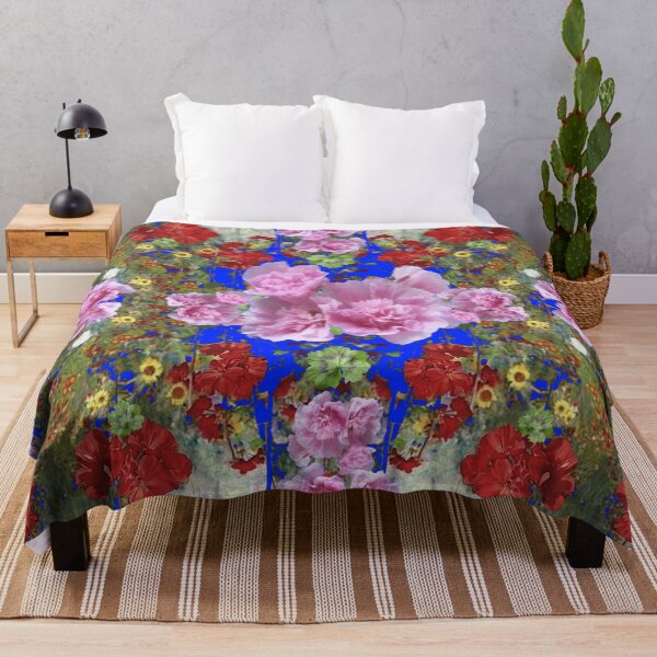 Item preview, PINK HOLLYHOCKS & RED GERANIUMS BLUE GARDEN ABSTRACT designed and sold by sharlesart.