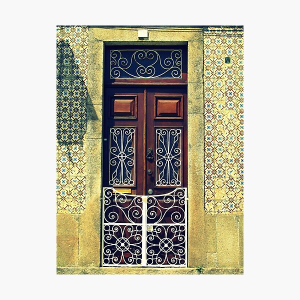 Wooden door with swirly white railings, Tomar, Portugal Photographic Print
