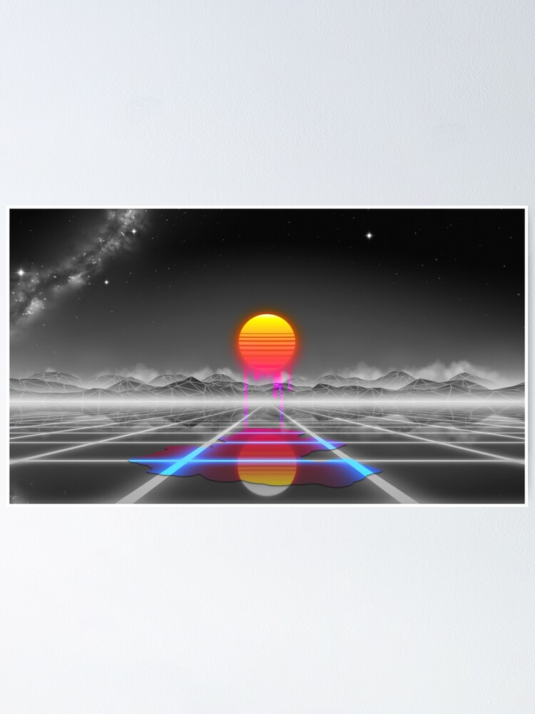 Alternate view of Dripping colored sun in a synthwave landscape Poster