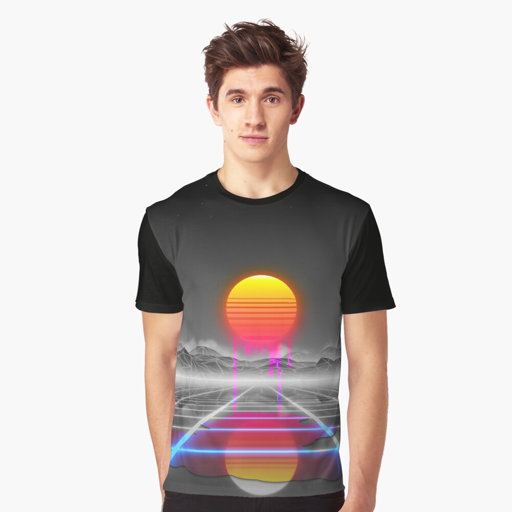 Dripping colored sun in a synthwave landscape Graphic T-Shirt