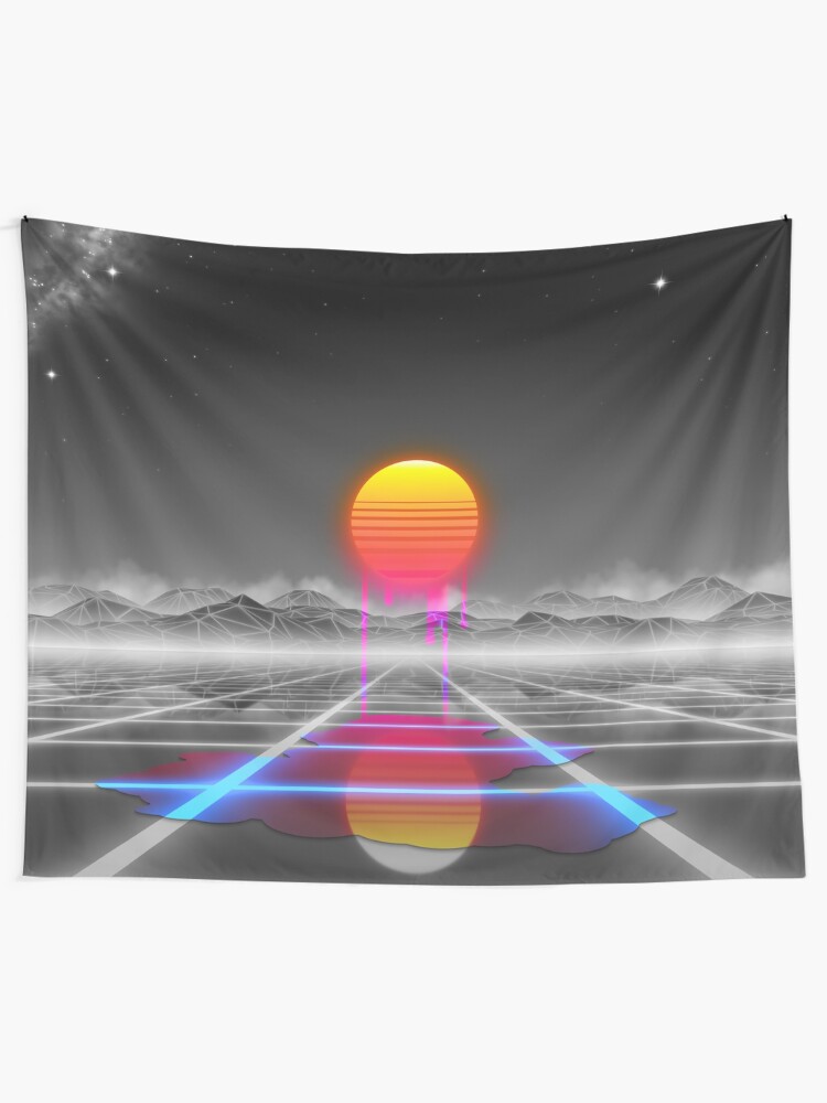 Alternate view of Dripping colored sun in a synthwave landscape Tapestry