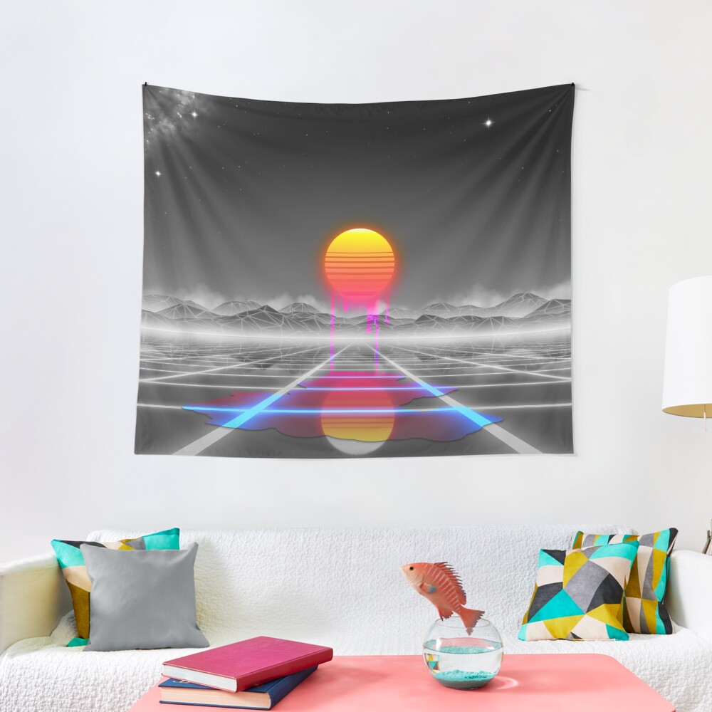 Dripping colored sun in a synthwave landscape Tapestry