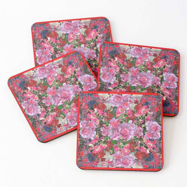 Item preview, RED & PINK HOLLYHOCKS ABSTRACT RED TRIM  FLORAL  designed and sold by sharlesart.