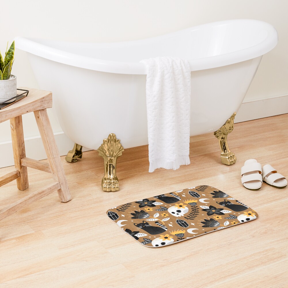 Black Cat And Floral Skull Bath Mat