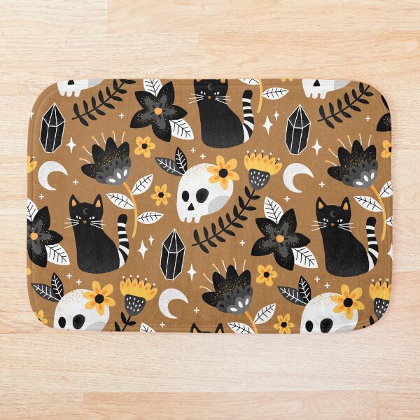 Black Cat And Floral Skull Bath Mat