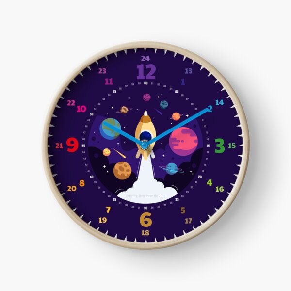 Item preview, Echte-Lernuhren.de | EasyRead children's clock children's room clock 24 hours format © hatgirlDESIGN (3,6,9,12 highlighted) school supplies classroom cosmos, planets, rocket, space designed and sold by hatgirldesign.