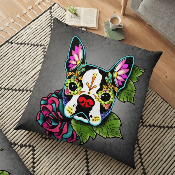 Boston Terrier in Black - Day of the Dead Sugar Skull Dog Floor Pillow