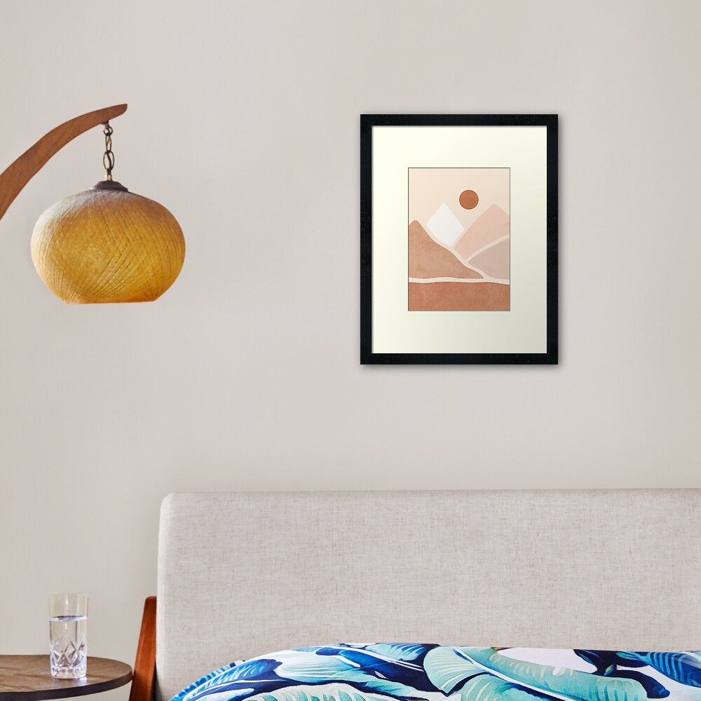 Neutral boho mountain sun Framed Art Print