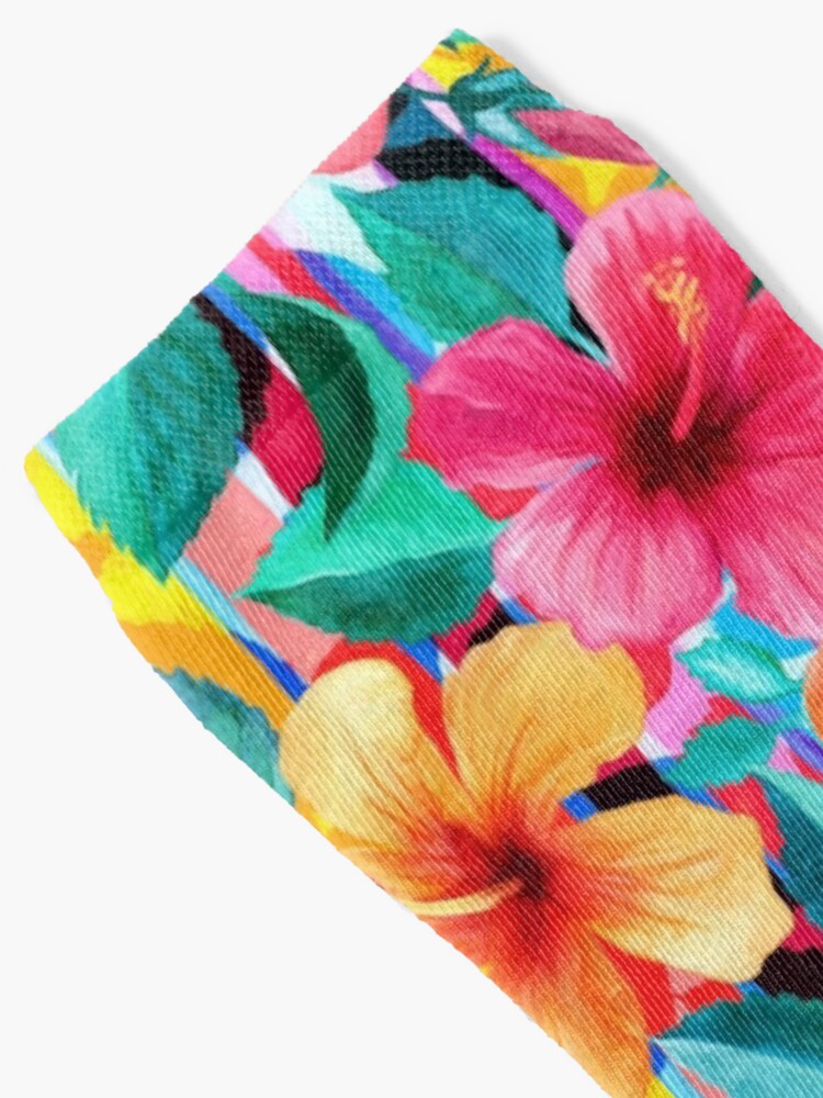 Alternate view of OTT Maximalist Hawaiian Hibiscus Floral with Stripes Socks