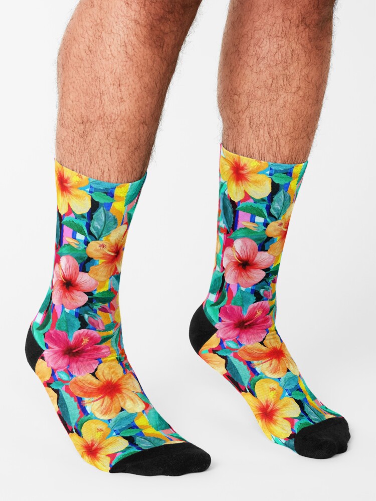 Alternate view of OTT Maximalist Hawaiian Hibiscus Floral with Stripes Socks