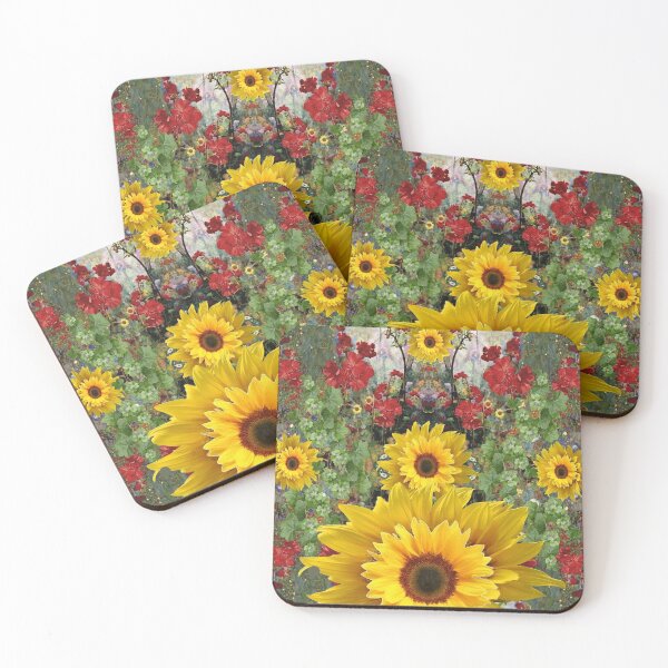 Item preview, YELLOW SUNFLOWERS RED GERANIUMS GARDEN ABSTRACT   designed and sold by sharlesart.