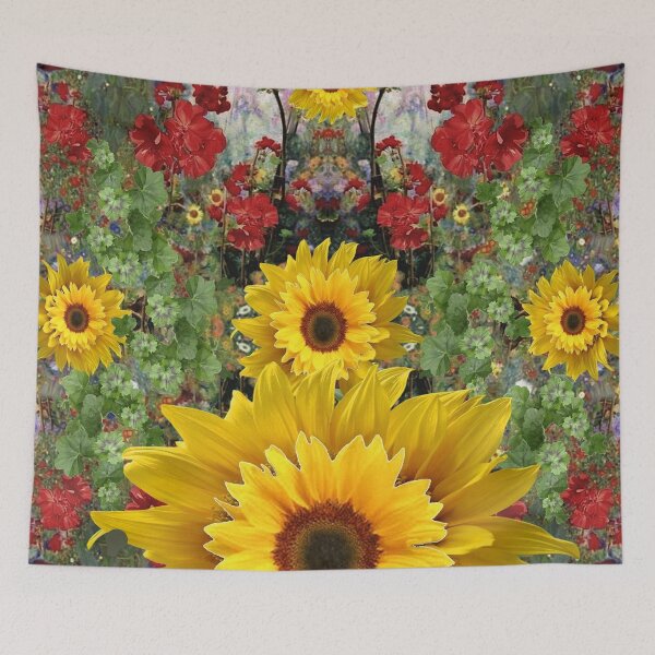 Item preview, YELLOW SUNFLOWERS RED GERANIUMS GARDEN ABSTRACT   designed and sold by sharlesart.