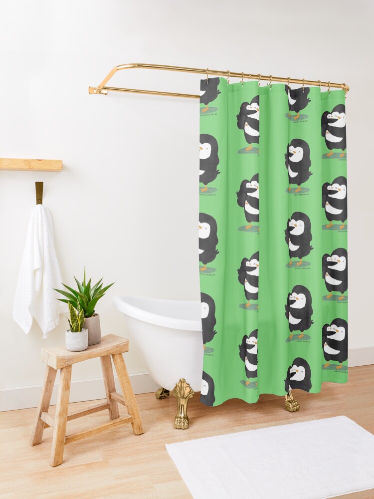 Alternate view of Dad Penguin with his daughter penguin Shower Curtain
