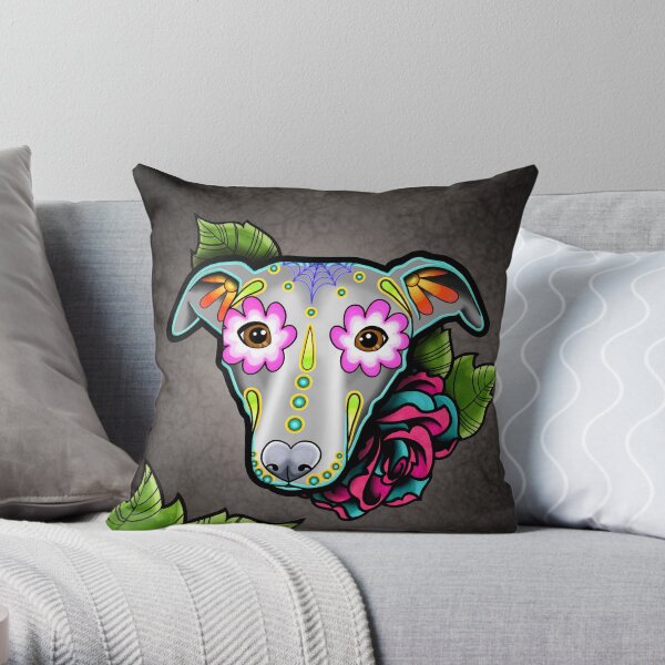 Day of the Dead Whippet / Greyhound Sugar Skull Dog Throw Pillow