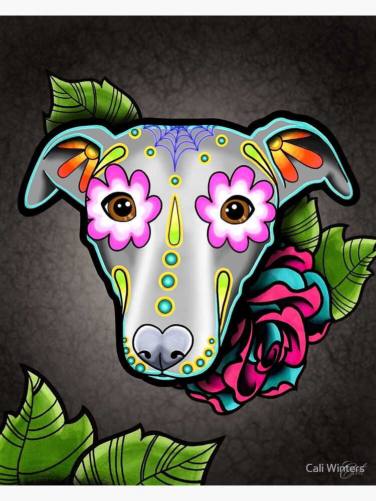 Day of the Dead Whippet Greyhound Sugar Skull Dog Art Print