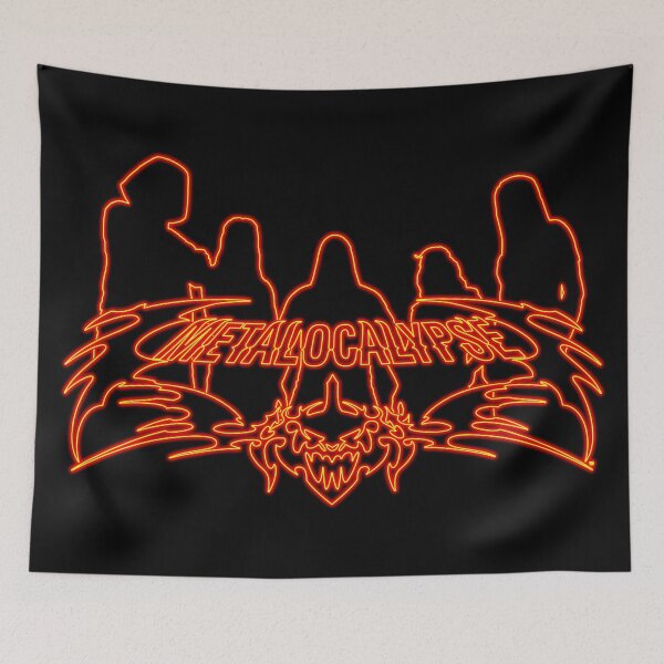 Item preview, Burning Flames Neon Sign Metalocalypse Logo with Band Member Silhouette on Black designed and sold by gkillerb.