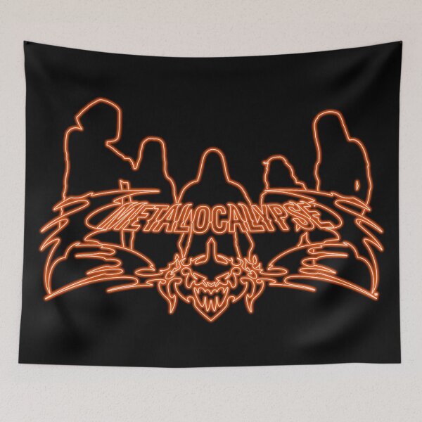 Item preview, Orange Neon Sign Metalocalypse Logo with Band Member Silhouette on Black designed and sold by gkillerb.
