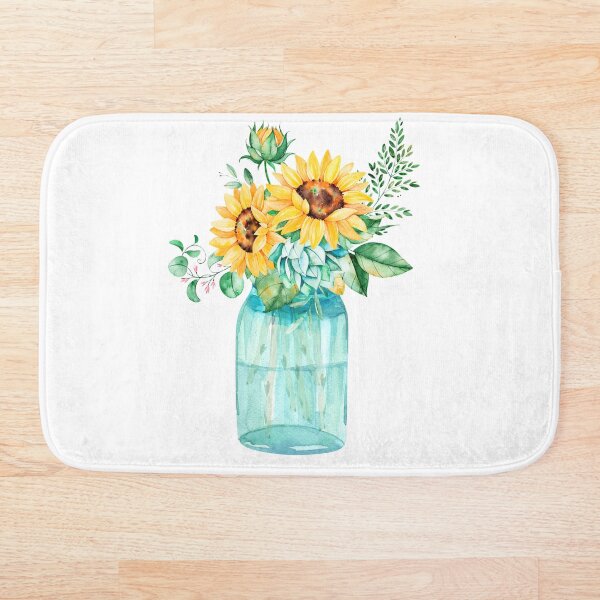 Sunflowers, Mason jar, sunflower bouquet, watercolor, watercolor sunflowers Bath Mat