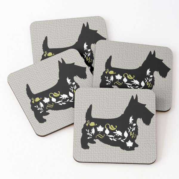 Item preview, SCOTTY DOG WITH FLOWERS IN BLACK WITH GREY TEXTURED BACKGROUND designed and sold by ozcushionstoo.