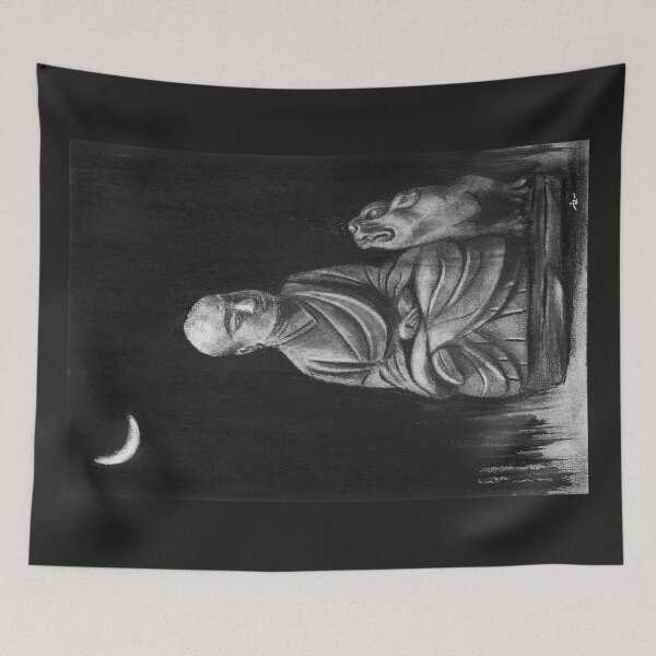 Item preview, Charcoal drawing - A little monk and his beast under the moonlight designed and sold by iswenyi.