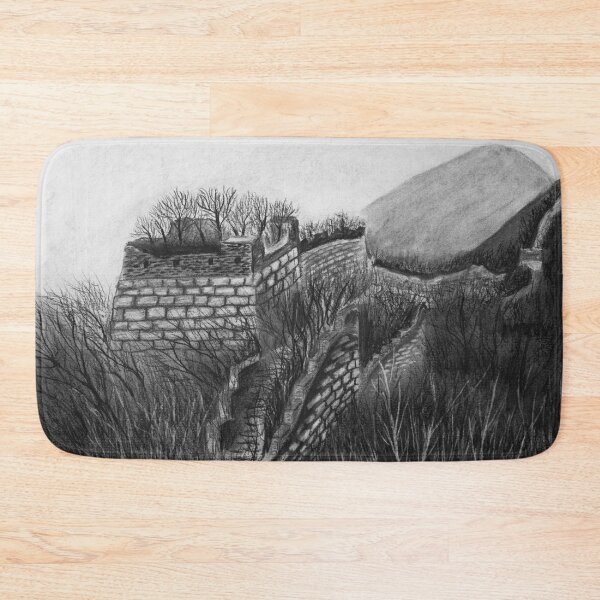 Item preview, Charcoal landscape drawing - the Great Wall in the wild with dead trees and desolate grass designed and sold by iswenyi.