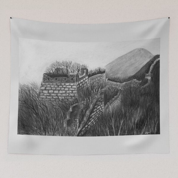Item preview, Charcoal landscape drawing - the Great Wall in the wild with dead trees and desolate grass designed and sold by iswenyi.