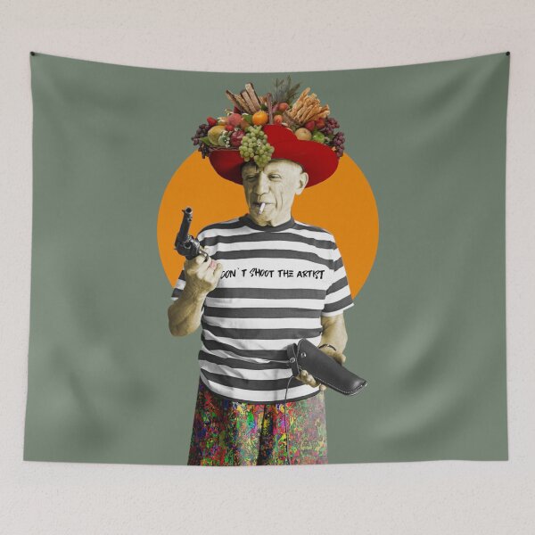 Item preview, Artist Holding a Gun Wearing Red Fruit Carmen Miranda Hat designed and sold by KALEIDOSCOPE UK.