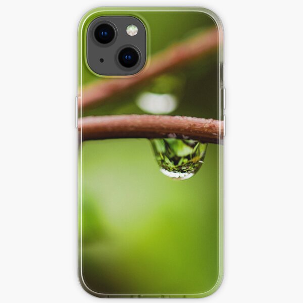 Rain droplets on the branch with green background iPhone Soft Case