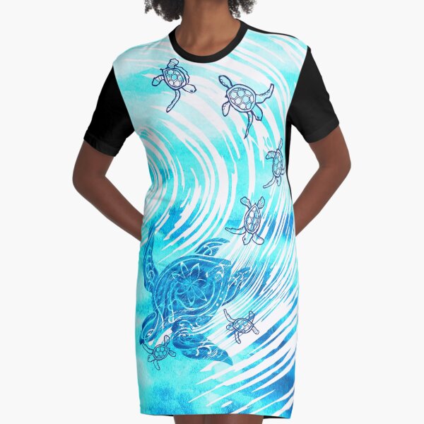 Vintage Hawaiian - Polynesian Watercolor Ohana Honu Graphic T-Shirt Dress