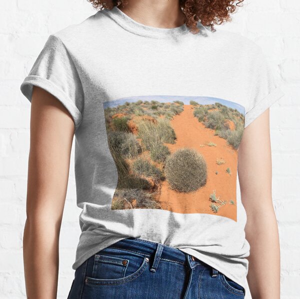 Tumbleweed across red sandy track in summer, offroad 4x4, Simpson Desert, South Australia Classic T-Shirt