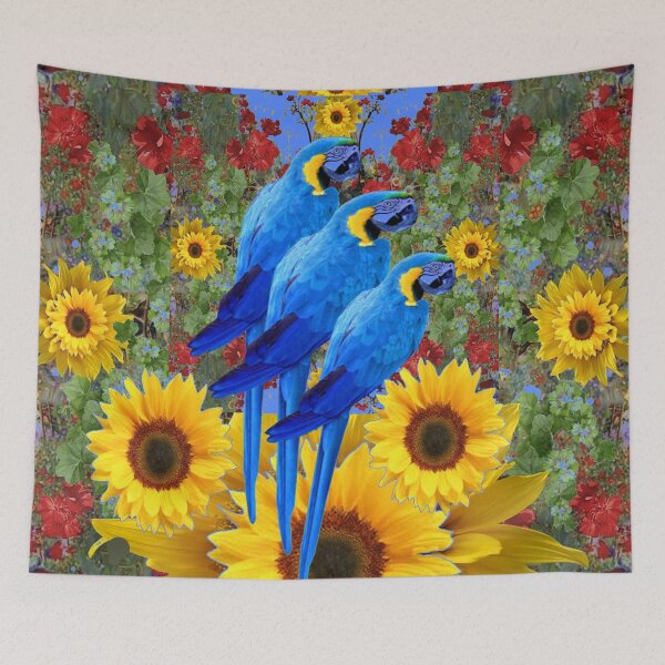 Item preview, THREE BLUE MACAWS SUNFLOWER  GARDEN ART designed and sold by sharlesart.