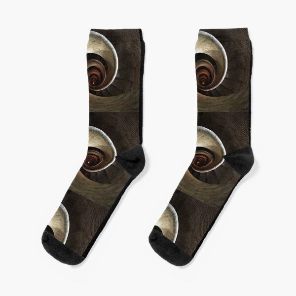 A top view of a spiral staircase that goes down, spiraling along the walls of an endless circular tunnel Socks