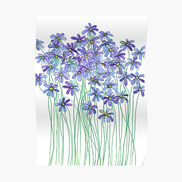 Purple Daisies in Watercolor & Colored Pencil Poster