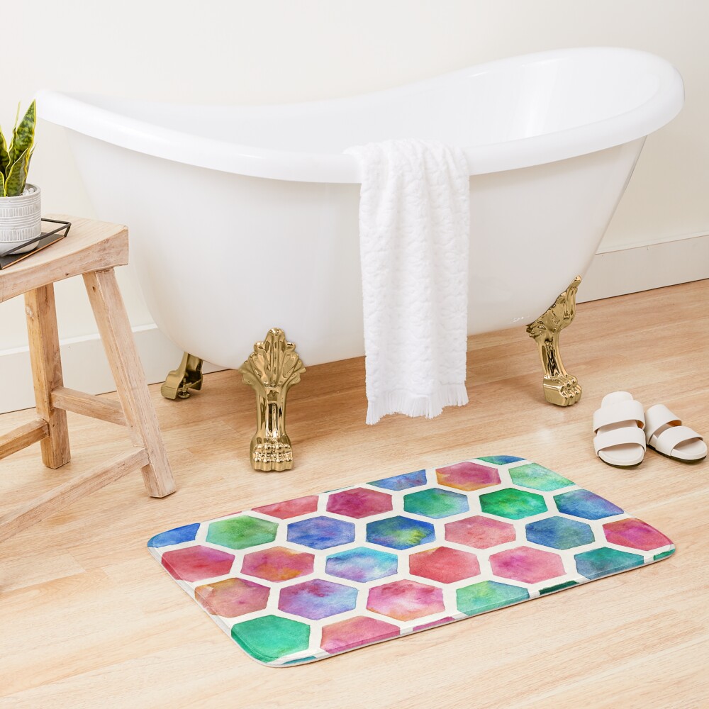 Discover Hand Painted Watercolor Honeycomb Pattern | Bath Mat