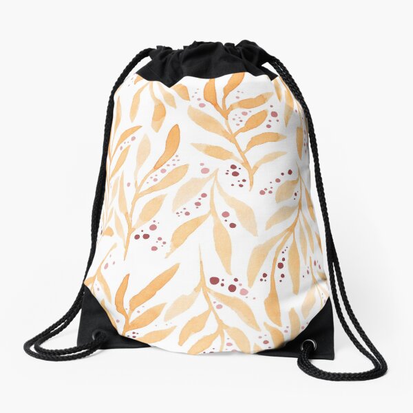 Golden Leaves and dots // Simple Modern Watercolors Drawstring Bag