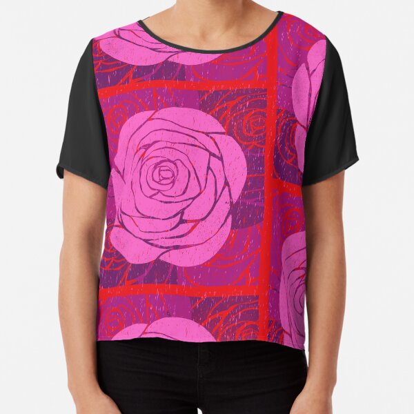 Rose Woodblock Print Chiffon Top