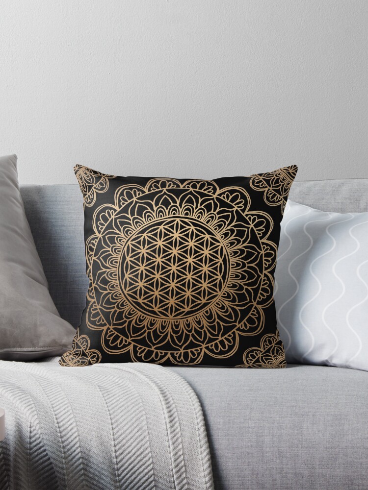 Flower of Life Mandala Black Gold Pillow for Sale by julieerindesign Redbubble