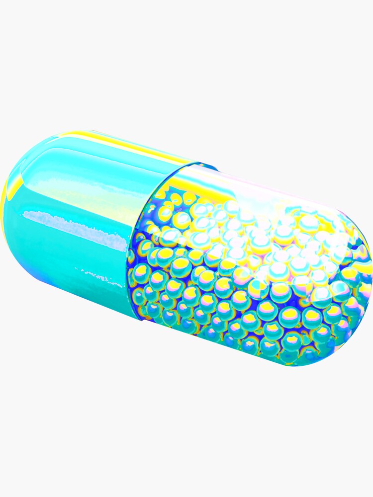 Thumbnail 3 of 3, Sticker, Blue Holographic Capsule On Chartreuse background designed and sold by dinaaaaaah.