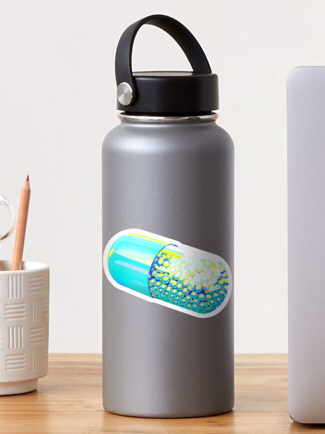 Thumbnail 1 of 3, Sticker, Blue Holographic Capsule On Chartreuse background designed and sold by dinaaaaaah.