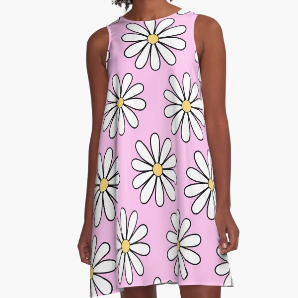 White Daisies with Pink A-Line Dress