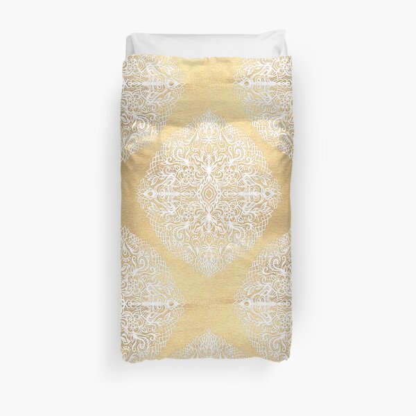 White Gouache Doodle on Gold Paint Duvet Cover